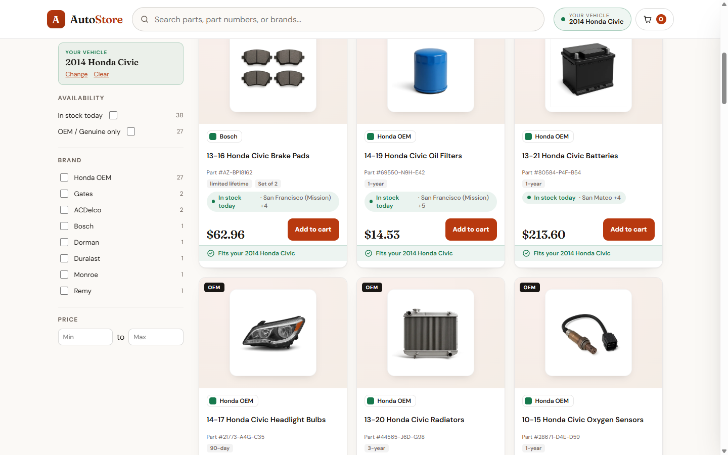 A connected AutoStore storefront: shoppers search by vehicle and see live, per-branch stock with same-day pickup.